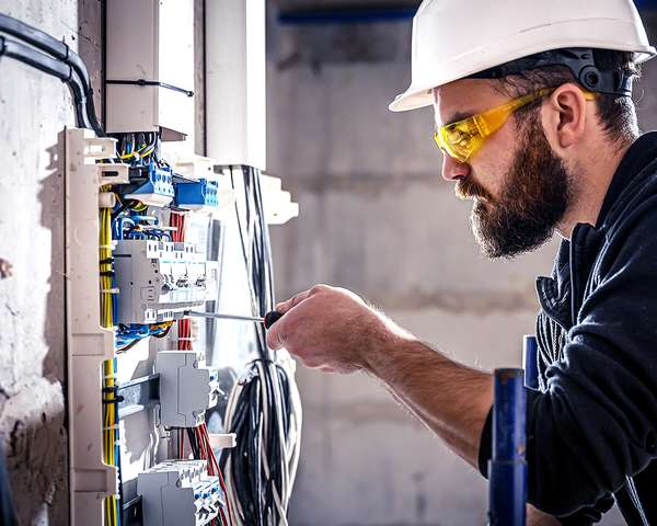 Licensed electrician wiring a circuit breaker inside an electrical panel